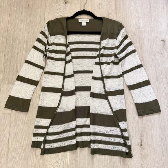 Christopher & Banks Sweaters - Christopher & Banks Green White Striped Open Front Cardigan